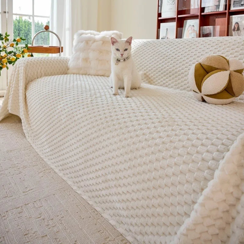 Winter Thick Plush Warm Solid Color Sofa Towel All Inclusive Non-Slip Anti Cat Scratch Seat Cover Dustproof Furniture Protector